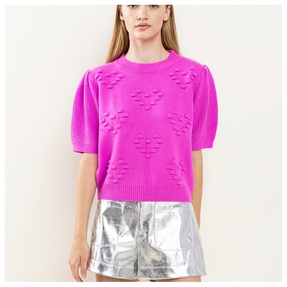 3D Heart Textured Balloon Sleeve Knit Sweater Top - Picture 4 of 6